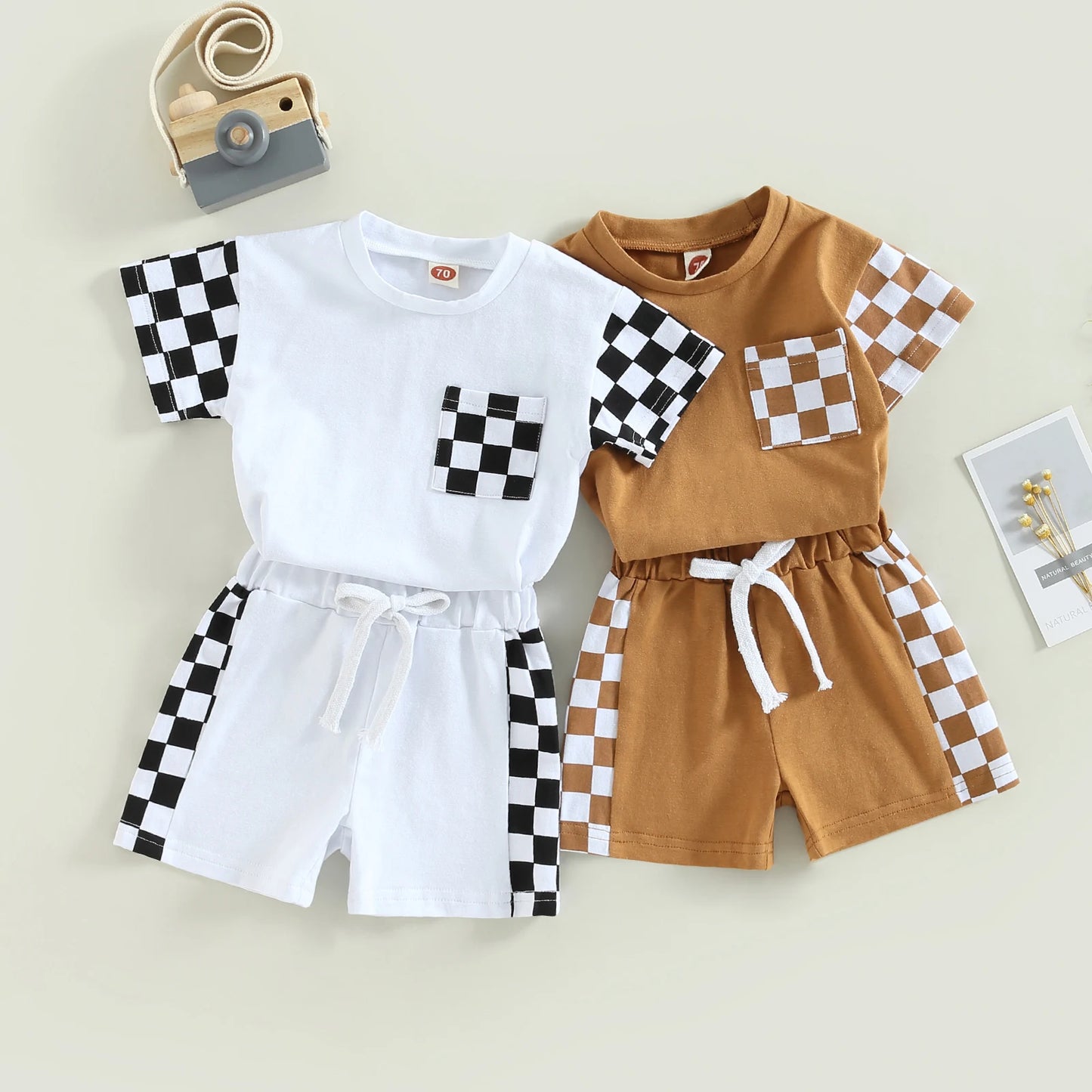 0-3Y Toddler Boy Summer Set – Plaid Patchwork Pocket Tee & Elastic Waist Shorts