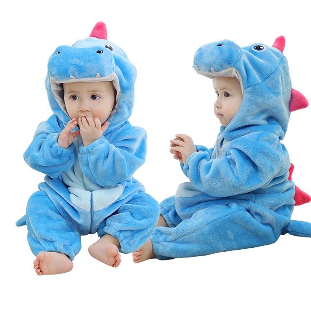 Cozy Dino Flannel Romper – Winter Animal Costume for Babies (1–3Y)