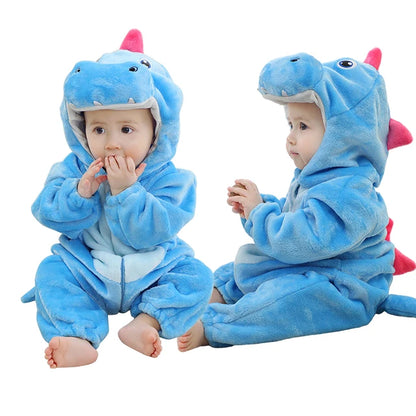 Cozy Dino Flannel Romper – Winter Animal Costume for Babies (1–3Y)